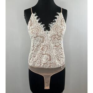 WAYF White Tan Lace V-Neck Adjustable Sleeveless Thong Bodysuit One Piece S
